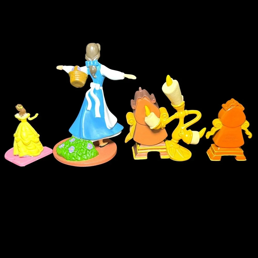 Disney Beauty And The Beast Figures Belle Cogsworth Lumiere Cake Topper Lot Of 4